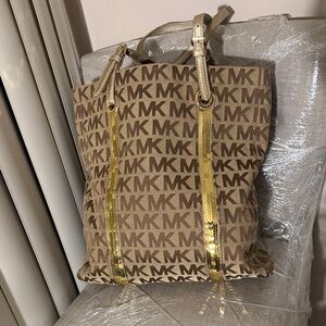 Michael Kors Tan and Gold Signature Tote